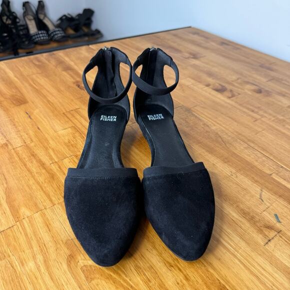 Eileen Fisher Ivie Black Suede Leather Ankle Strap Mesh Trim Heels Size 8.5 - Picture 2 of 5